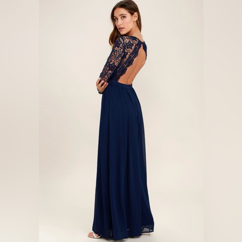 LULUS Bridesmaid Event Party "Awaken My Love"  Navy Lace V-Neck Open Back Gown M